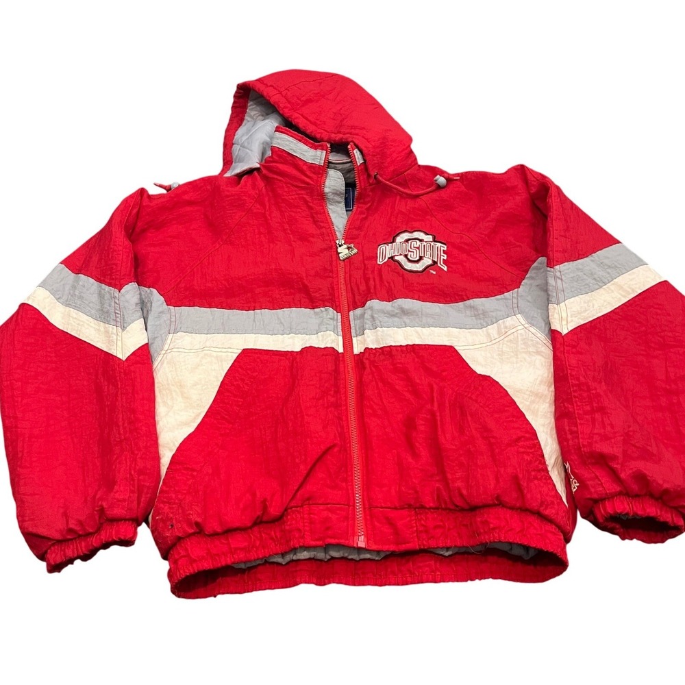 Starter Ohio State Jacket Mens L Red Vintage 90s Hooded Full Zip Windbreaker